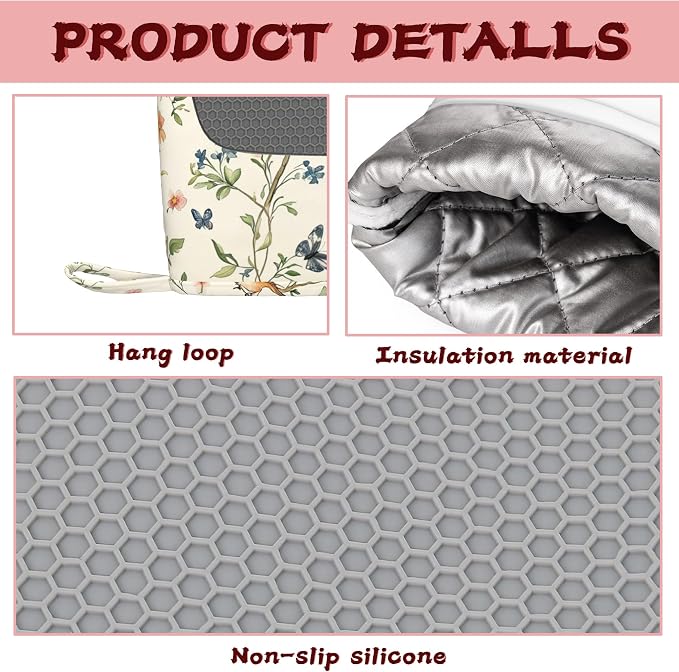 Butterfly Bird Vintage Heat-Resistant Silicone Oven Mitts and Pot Holder 4 Piece Set,Non-Slip Kitchen Oven Gloves for Baking, BBQ, Cooking,Grilling
