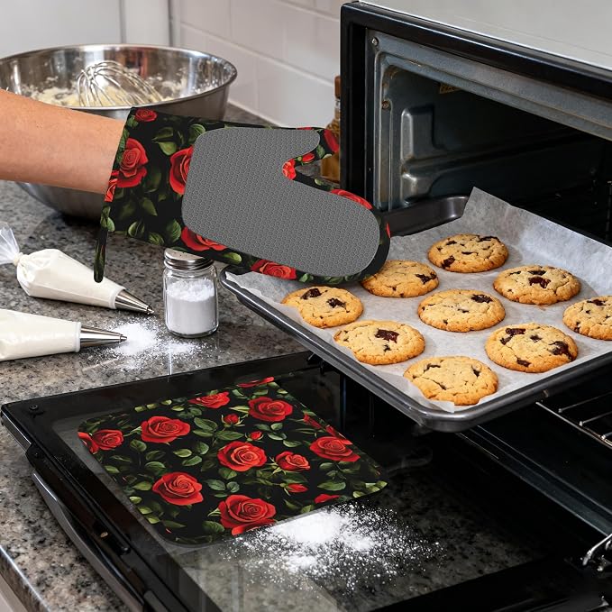 Vintage Red Rose Oven Mitts and Pot Holders (4PCS),Heat Resistant Non-Slip Silicone Kitchen Gloves for Cooking, Baking, BBQ Waterproof Kitchen Accessories