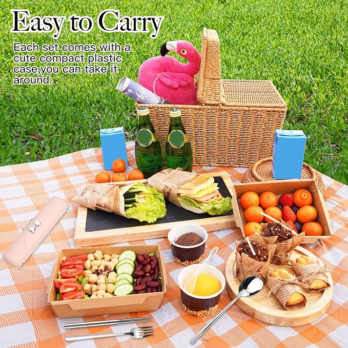 Reusable Travel Utensils with Case, Portable Cutlery for Work | Cute Silverware Set for Lunch Box, Stainless Steel Spoon Fork Chopsticks for Camping, Picnic, Food-Grade, Dishwasher Safe