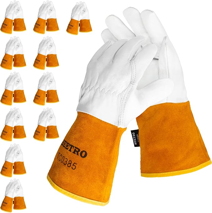 BEETRO Working Gloves 12 Pairs, Tig Welding Cowhide Split Leather, Heat/Fire Resistant BBQ/Warehouse/Heavy Duty/Animal Handling Glove, Extremely Soft and Flexible