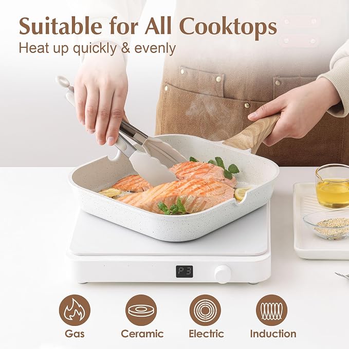 SENSARTE Nonstick Ceramic Grill Pan with Lid, Grill Pan for Stove Tops, Square Grilling Pan with Pour Spouts, Durable Grill Skillet for All Stoves, Steak Bacon Pan, Non Toxic PTFE,PFAS,PFOA Free