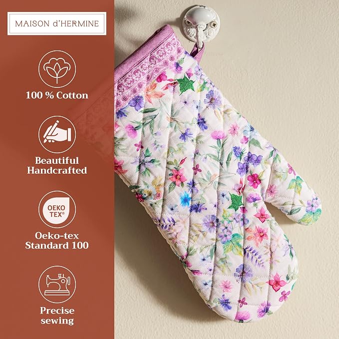 Maison d'Hermine Oven Gloves 100% Cotton Oven Mitt (7" x 13", Pack of 1) | With Loop Heat Resistant BBQ Cooking Gloves Baking Grilling Kitchen Handling Hot Pans Spring Summer - Chardon