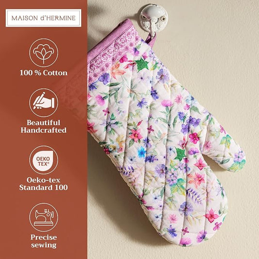 Maison d'Hermine Oven Gloves 100% Cotton Oven Mitt (7" x 13", Pack of 1) | With Loop Heat Resistant BBQ Cooking Gloves Baking Grilling Kitchen Handling Hot Pans Spring Summer - Chardon