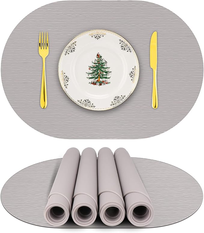 IYYI Silicone Placemats, Dining Placemats Set of 4, Waterproof Placemats for Kids, Heat Resistant Non-Slip Silicone Mats for Dinner Table, Dishwasher Safe (Light Gray, 17.7" ×12")