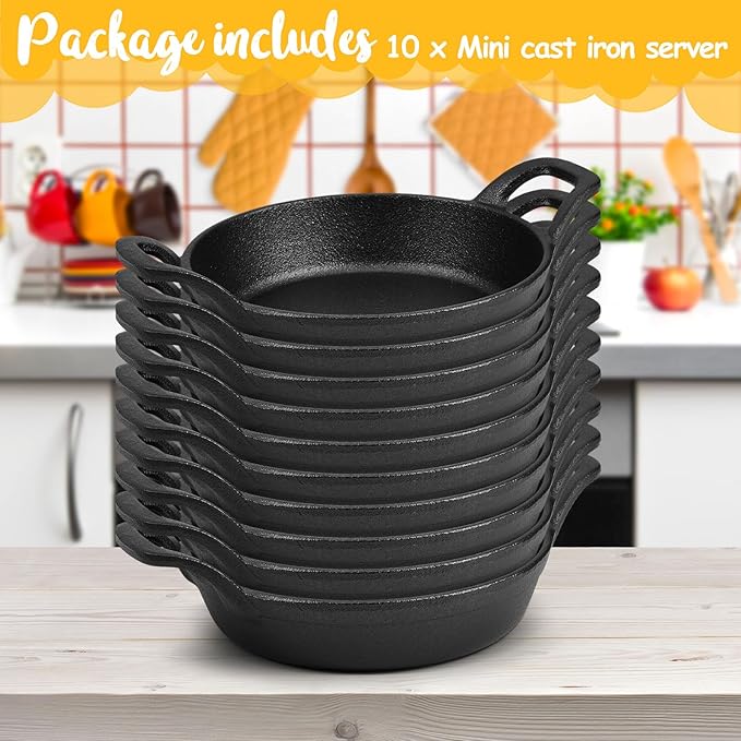 10 Pack Mini Cast Iron Skillets 6.3 x 6.3 x 1.5 Inch Cast Iron Pan Small Ramekin Set Black Casserole Dish Cookware Oven Safe Mini Skillets for Kitchen Indoor Outdoor Picnic