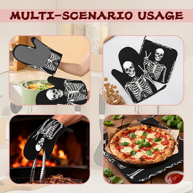 Funny Skull Heat-Resistant Silicone Oven Mitts and Pot Holders 4 Piece Set,Extra Long Non-Slip Kitchen Oven Gloves for Cooking, Baking, BBQ,Grilling