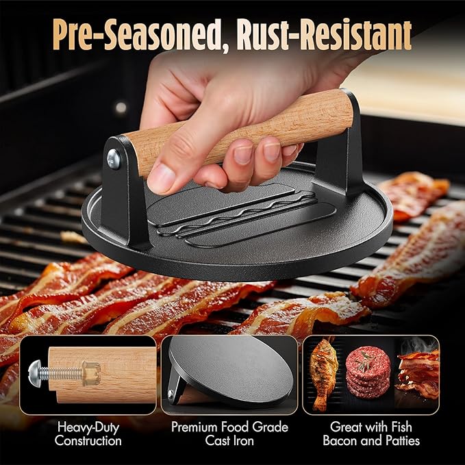 Pisol Pre-Seasoned Cast Iron Smash Burger Press, 2 lb Meat Press Tool 6.6” | Rustproof, Pre-Seasoned, Flat Bottom, Round, Wooden Handle, Dishwasher Safe, No Stick, Easy to Clean, 6.6'' Wide, 2lb