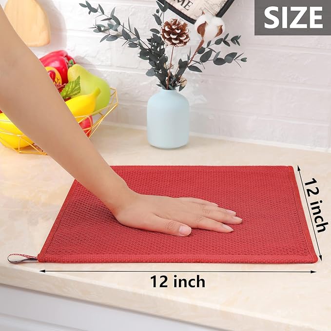 Homaxy 100% Cotton Waffle Weave Kitchen Dish Cloths, 7-Pack, Brick Red | 12 x 12 Inches, Ultra Soft Absorbent Dish Towels, Quick Drying Dish Rags with Hanging Loop