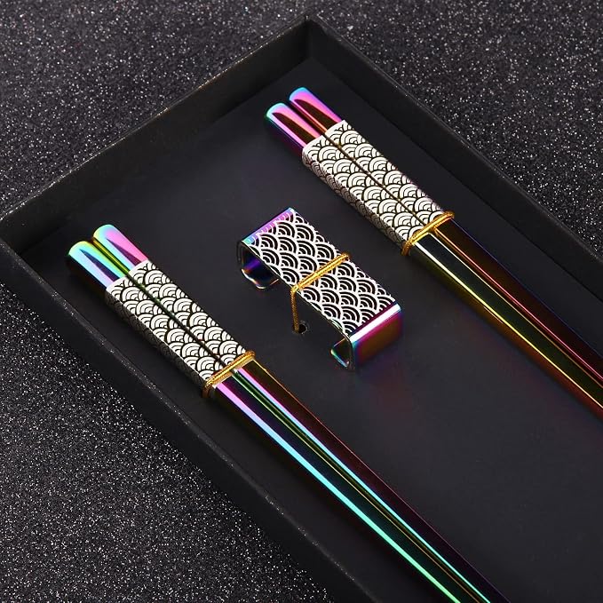 Metal Chopsticks Reusable 2 Pairs Titanium Plated Stainless Steel18/8 Chopsticks with Holder, Dishwasher Safe Lightweight Japanese Style Chopsticks Gift Set(Rainbow Gradient)