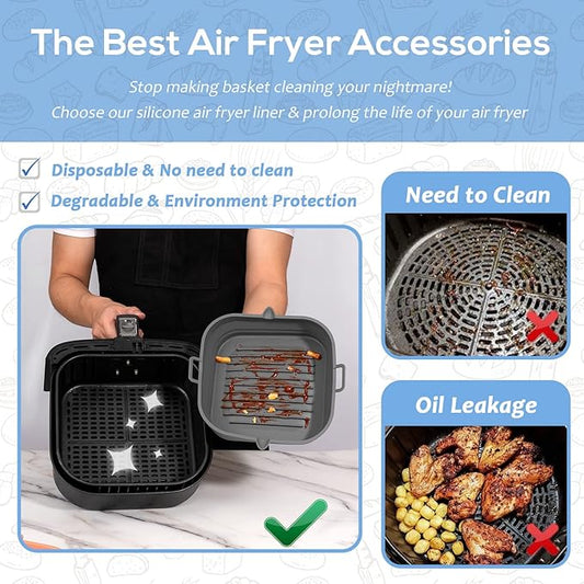[2 Pack] Silicone Air Fryer Liners Square - Reusable Airfryer Basket - Easy to Clean Air Fryers Pot for 5.8 to 8 Qt Large Air Fryer Baking Tray Oven Accessories, 8.5 Inch