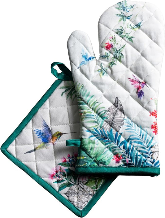 Maison d' Hermine 100% Cotton Oven Mitt & Pot Holder Set (7.5"x13" & 8"x8") | Heat Resistant BBQ Cooking Gloves with Loop Baking Grilling Kitchen Hotel Home Farmhouse Spring Summer - Tropiques