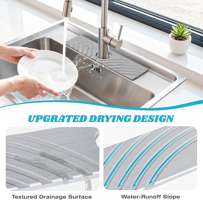 SpaceHacks Stone Faucet Mat for Kitchen Sink - Fast Drying Diatomite Stone Drying Mat, Textured Drainage Sink Protector, Water Splash Guard with Base Pads for Bathroom Counter (15.7x4 in, Light Gray)