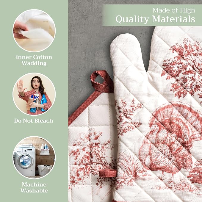 Maison d' Hermine 100% Cotton Oven Mitt & Pot Holder Set (7.5"x13" & 8"x8") | Heat Resistant BBQ Cooking Gloves with Loop Baking Grilling Kitchen Home Farmhouse Thanksgiving Christmas - Holy Jouy - Red