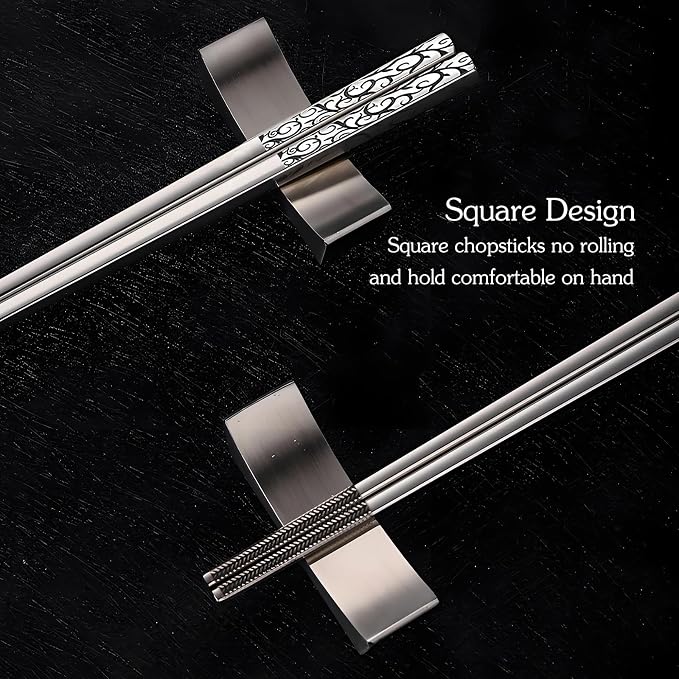 Metal Chopsticks Reusable,18/8 Stainless Steel,Tang Cao, 5 Pairs | Gift Box Set,ishwasher Safe, Square Lightweight, Non-Slip,Easy to clean