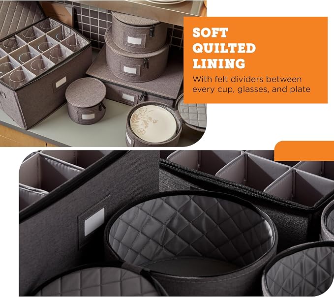 storageLAB 6-Piece China Storage Set | Plates, Mugs & Wine Glasses | Gray | Most complete set - plates, mugs & wine glasses for 12. Hard shell, felt-lined, stackable. Full china system in one.