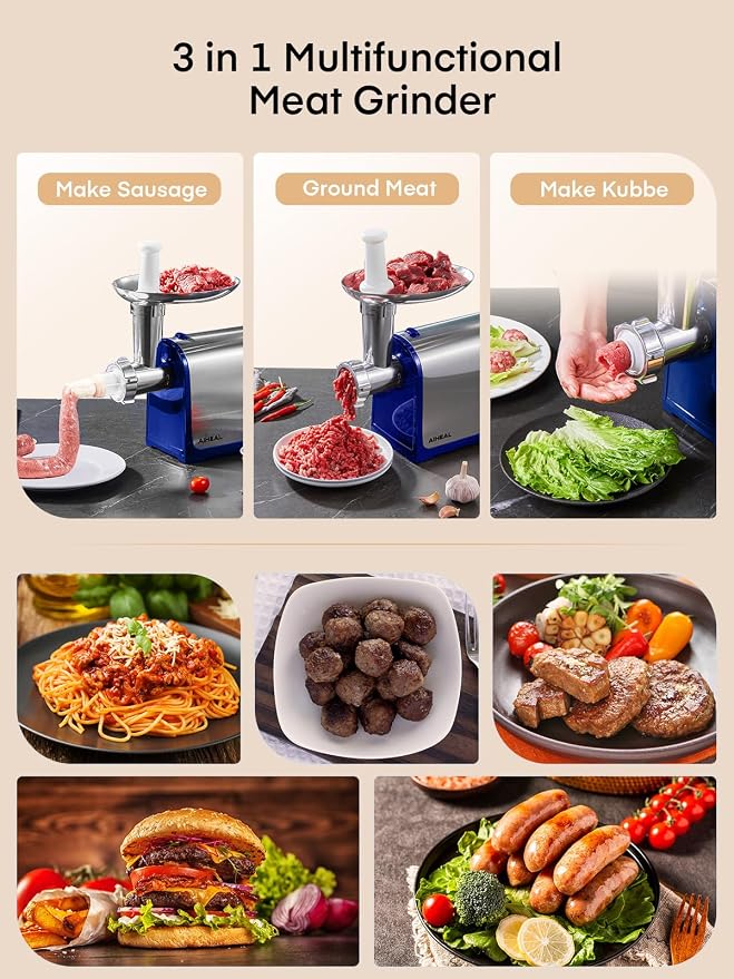 Electric Meat Grinder, Sausage Stuffer with 3 Sausage Tubes, 2 Blades, 3 Plates, 3200W Max, Meat Grinder Heavy Duty for Home Kitchen Use, Stainless Steel (Blue)