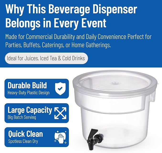 Carlisle FoodService Products Round Beverage Dispenser Drink Dispenser with Spigot for Catering, Plastic, 3 Gallons, Clear