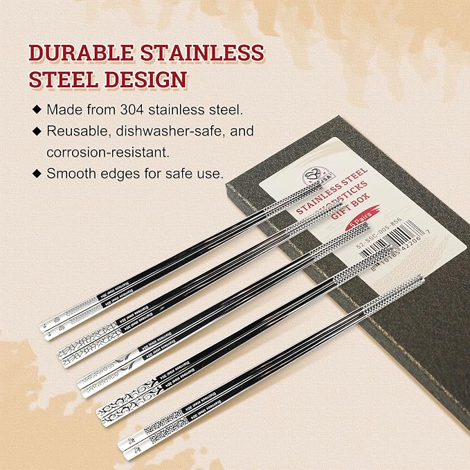 52USA Stainless Steel Chopsticks Reusable Gift Set, 5 Pairs–Lightweight 304 Stainless Steel Metal Chopsticks,Dishwasher Safe, Non-Slip, 9 in/22.9cm,Japanese Korean Chop Stick Ideal for Sushi, Noodles