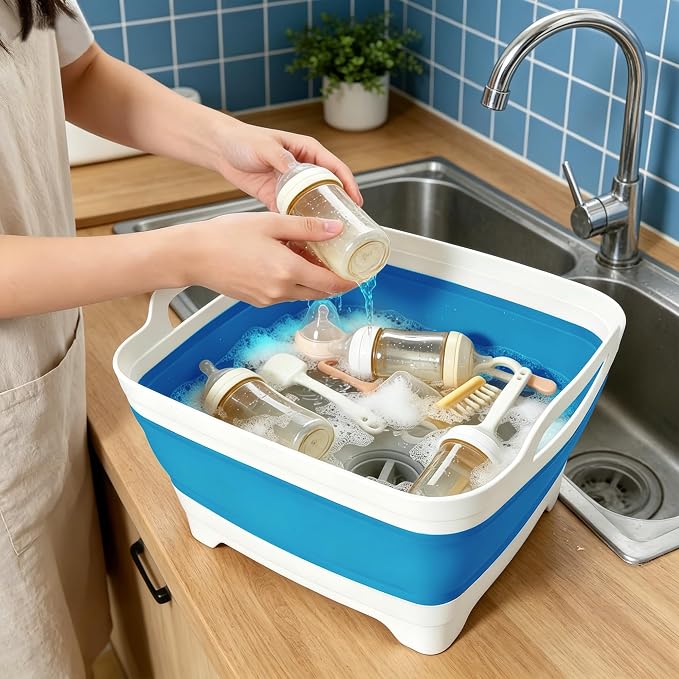 FOSJGO Collapsible Dish Basin with Drain Plug, Foldable Sink, 2.4 Gal (9L) | Space-Saving Wash Basin for Kitchen, Baby Bottles, Vegetable Washing, Camping, RV and Party Beverage Tubs