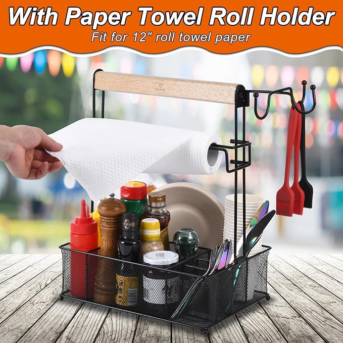 VIKEYHOME Grill Caddy, Picnic BBQ Organizer for Camping | Outdoor Mesh Basket with 3 Hanging Hooks and Paper Towel Holder, Ideal Table Storage Tools for RV Camper/Tailgating/Flatware