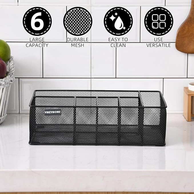 Paper Plate Organizer for Countertop, Black | Silverware Caddy with 6 Compartments for Cup, Napkin, Utensil Holder Caddy for Party, Camping, Picnic
