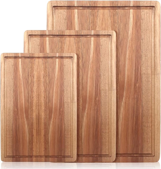 Solid Acacia Wood Cutting Board Set of 3 Wooden Charcuterie Boards Set | Hardwood Meat Chopping Board Butcher Blocks Safe Non Toxic Large Cutting Boards for Kitchen Decor Bread Serving Cheese Board