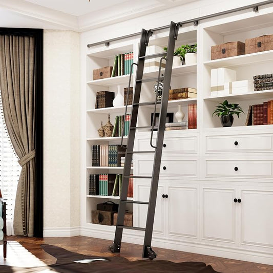 DIYHD 96" Rolling Library Ladder with Handrail, 4FT Sliding Rail, Black | 8-Step lightweight ladder with space-saving upright storage, Telescopic top hooks, Locking bottom rollers, 300lbs capacity
