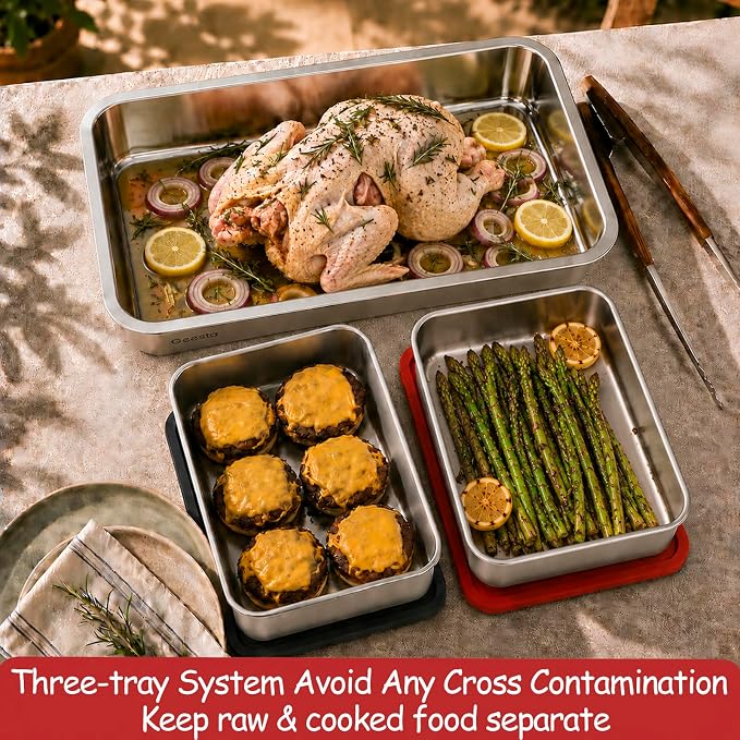 Geesta 5-in-1 Grilling Prep & Serve Tays, Grill Carry System, Stainless Steel BBQ Serving Platter, Marinating Container with Lid & Cutting Board, Outdoor Cooking Grill Accessories, Grilling Gift