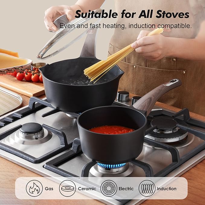 SENSARTE Nonstick Sauce Pan with Lid, 3.0 Quart Saucepan with Double Spout, Multipurpose Large Cooking Pot, Non toxic Kitchen Sauce Pot, Non stick Saucier Pan, Induction Comptable, PFOA Free