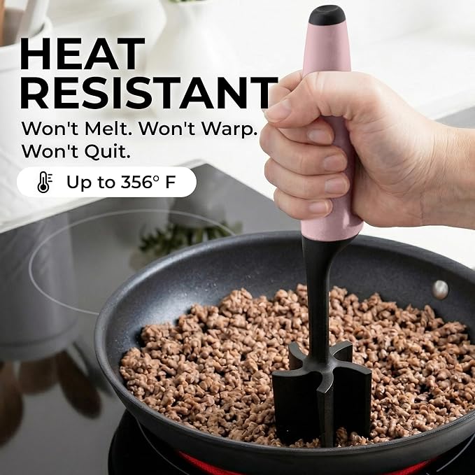 Zulay Kitchen Ground Beef Chopper Tool – 5-Blade Nylon Meat Chopper for Ground Beef, Non-Toxic Food Safe Meat Masher & Breaker, Heat Resistant to 180°C, Dishwasher Safe – Light Pink