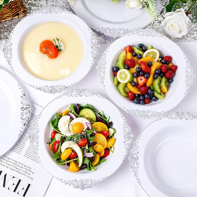 100PCS Silver Plastic Bowls - 12 oz Silver Disposable Salad Bowls - Heavy Duty Disposable Soup Bowl - Fancy Plastic Ice Cream Bowl for Weddings Parties Dinners Picnics