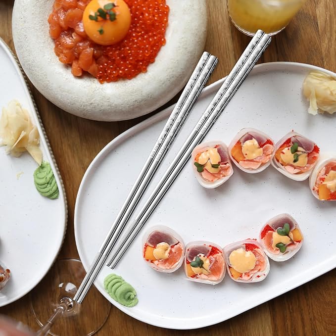 5 Pairs Dragon Chopsticks Set Premium Stainless Steel 316 Kitchen Dinning Utensils Silver Reusable Metal Chop Sticks Tableware Gift Set 9.26 Inches