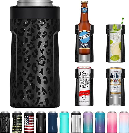 Universal Can Cooler - Signice 3 in 1 Insulated 12 oz Beer Can Insulator Stainless Steel Metal Holder for 12oz Slim Skinny Tall Standard Cans Bottle Hard Seltzer Soda Energy Drinks (Black Leopard)