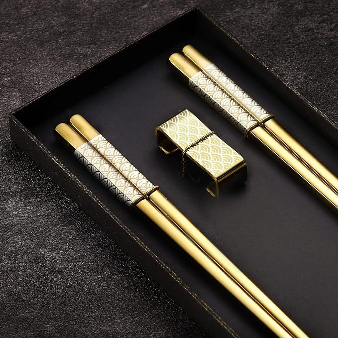 Titanium Stainless Steel 18/8 Chopsticks with Holder, 2 Pairs Dishwasher Safe, Japanese Style Gift Set (Golden)