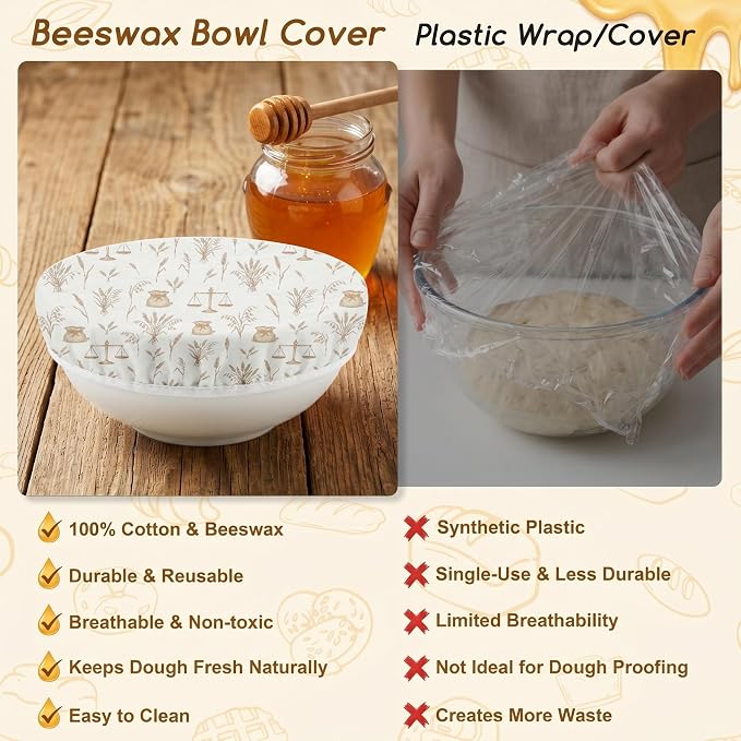 2Pcs Beige Reusable Beeswax Bowl Covers Bread Sourdough Bowl Covers for Proofing Rustic Wheat Reusable Elastic Bread Sourdough Cover Wrap Dough Proofing Food Storage Kitchen Baking Supplies