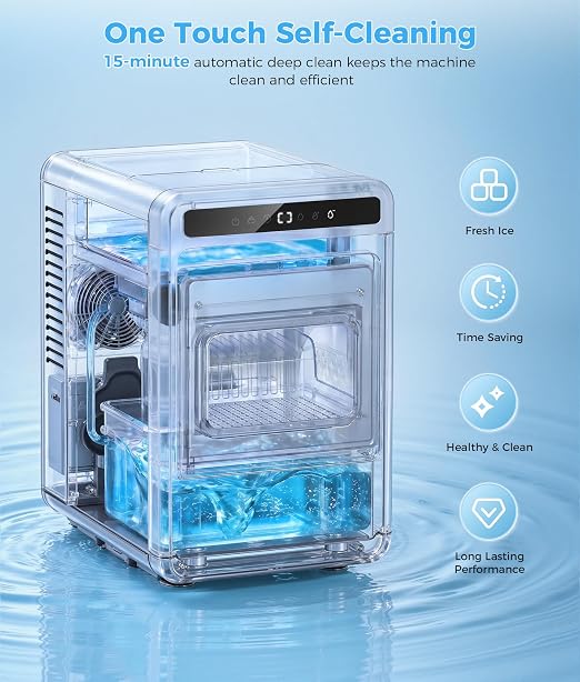 Clear Ice Cube Maker - 8 Crystal 1.2" Large Jelly Ice in 20Mins, 24H Timer, Full Bin &Water Shortage Alert, Self-Cleaning, with 10 Adjustable Ice Sizes for Home Whiskey, Cocktails, and Bourbon