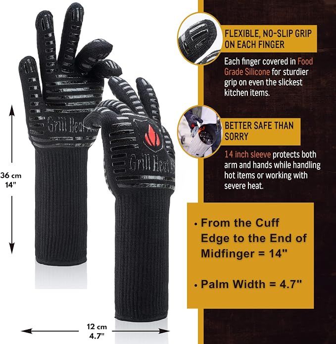 GRILL HEAT AID BBQ Grill Gloves Heat Proof for Grilling – Fireproof 1472°F Heat-Resistant Grill Mitts for Outdoor Barbecue and Smoker, Campfire, Fire Pit, Oven Glove with Fingers for Baking Pizza