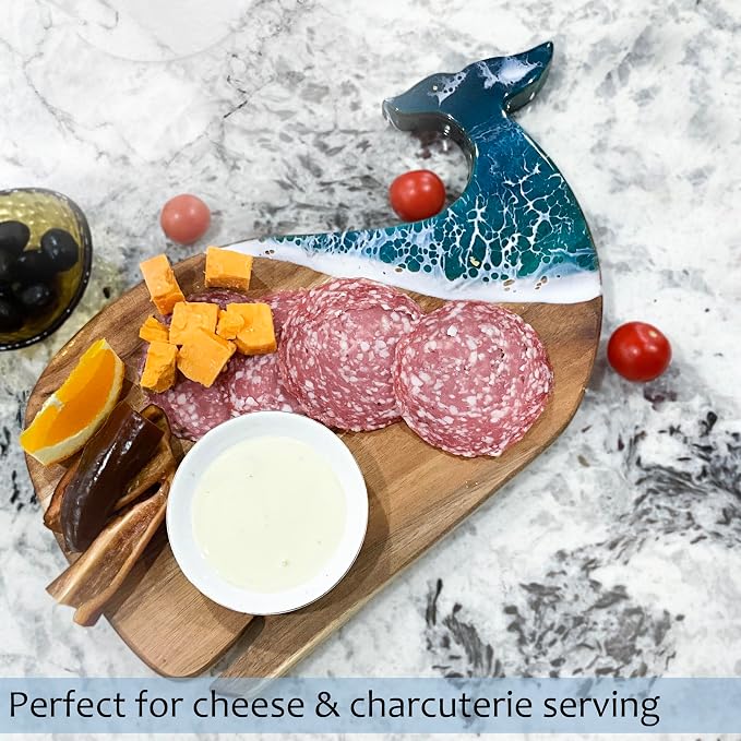 Whale Serving Board - Acacia Wood with Ocean-Inspired Epoxy (15" x 7.9"), Cute Charcuterie Cheese Tray, Unique Kitchen Décor, Cutting Board Gift for Women, Home or Party Use