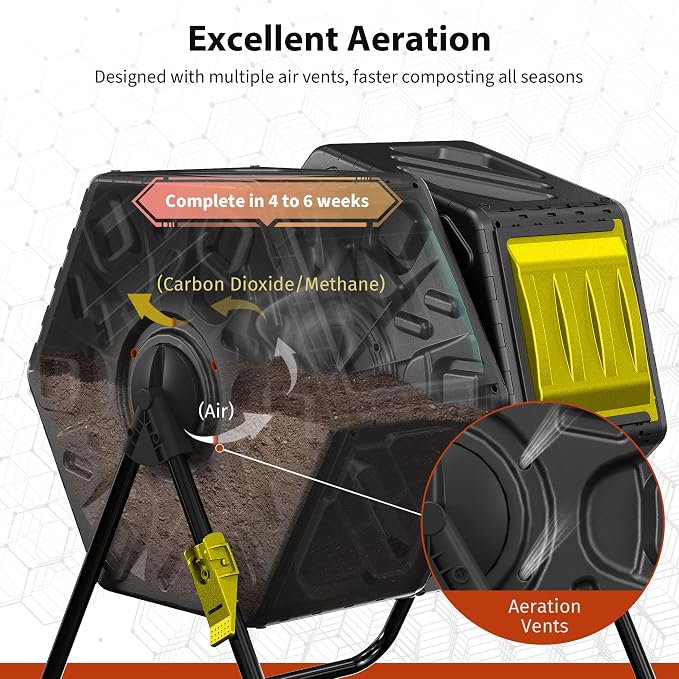 Compost Bin, 37-Gal Dual Chamber Composter Tumbler, Black Yellow | Steel Frame with 2 Sliding Door and Aeration System, 360° Rotating, Tumbling Composting Bin for Kitchen, Garden, Yard