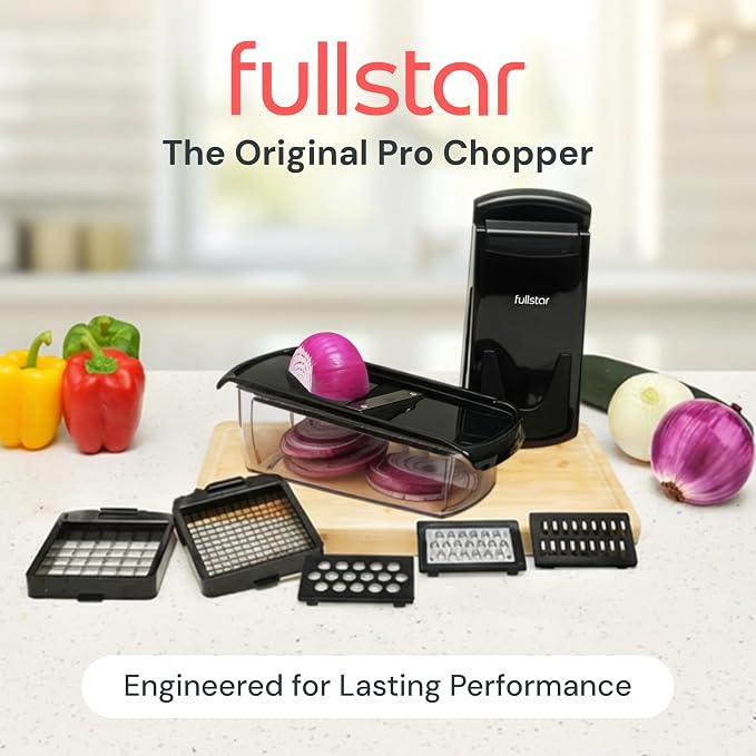 Fullstar Pro Original Vegetable Chopper & Mandoline Slicer Kitchen Gadget | 6 in 1 Veggie Slicer, Onion & Fruit Cutter with Sharp Stainless Steel Blades & Container, All-in-One Meal Prep Tool (Black)