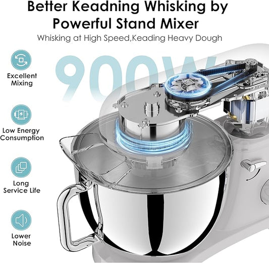 Kitchen in the box Stand Mixer - 6.5 Quart Mixing Bowl with Handle, 900 Watt Powerful Heavy Bread Dough Standing Mixers Tilt-head with Dough Hook, Whisk, Flat Beater and Splash Guard (Blue)