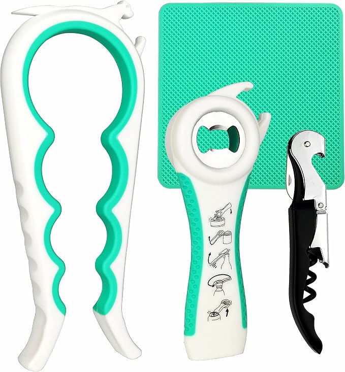 Otstar Jar Opener Bottle Opener and Can opener for Weak Hands,Seniors with Arthritis, Elderly, Jar Lid Opener Gadgets with Rubber Jar Opener Gripper Pad and Corkscrew Opener