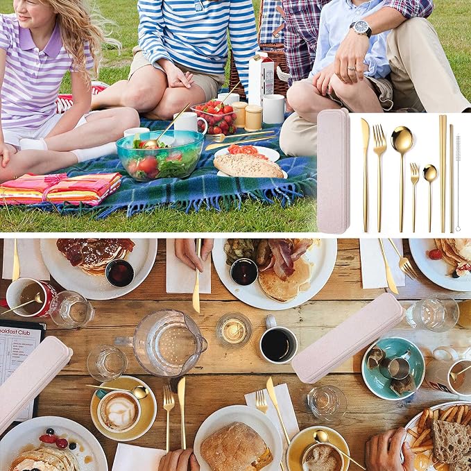 AARAINBOW 8 Pieces Stainless Steel Flatware Set Portable Reusable Cutlery Set Travel Utensils Set Including Chopsticks Knife Fork Spoon Straws Cleaning Brush Dishwasher Safe (Golden)