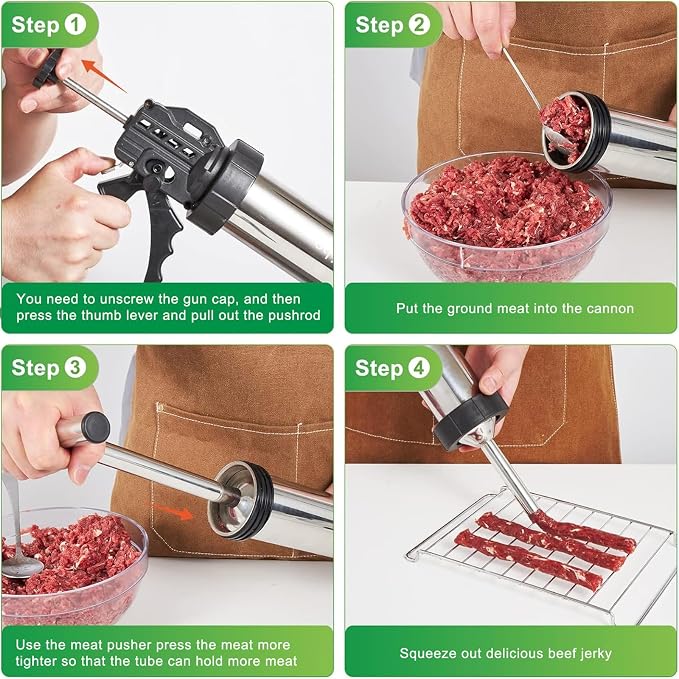 2.5LB Jerky Gun Kits, Stainless Steel Jerky Maker, Beef Stick Gun | Meat Injector For Beef Jerky Venison Snack Sticks Sausage Stuffer Jerky Shooter Cannon For Smoker Dehydrator Keto Hunter