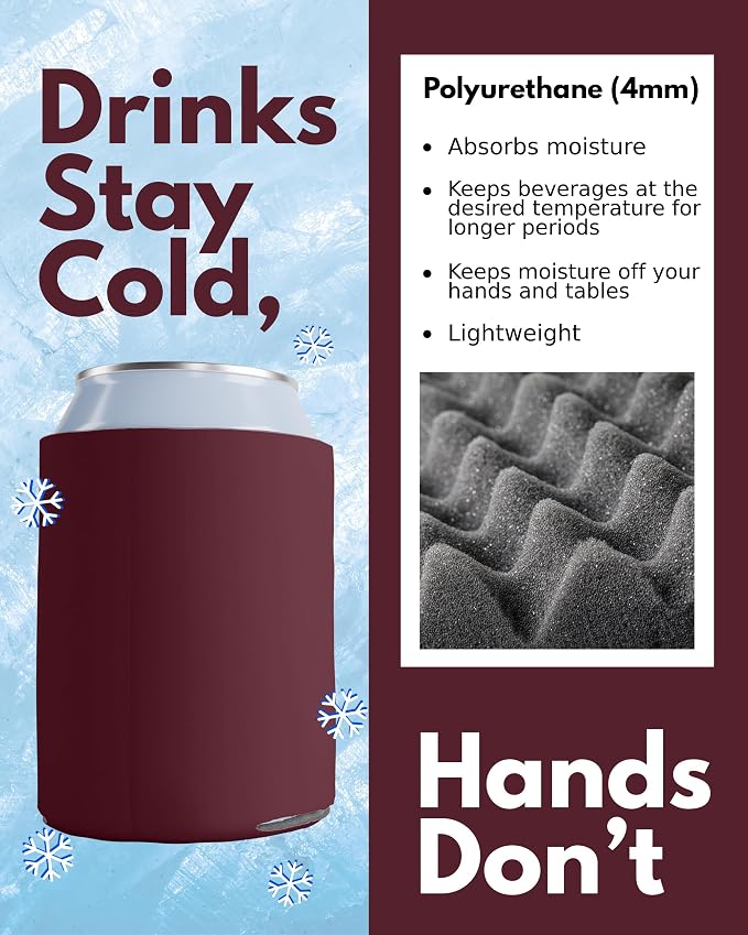 PartyPrints 200 Pack Burgundy Blank Can Cooler Sleeves, Customizable Bulk Insulated Foam for Beer, Collapsible Plain Drink Holder, Cold Soda Insulator, 12oz Regular, 16oz Tall Cans