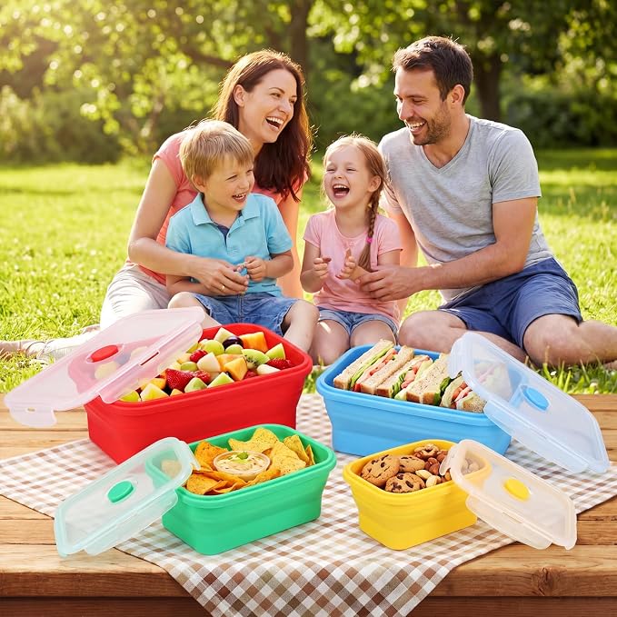 Set of 8 Silicone Collapsible Bowls for Camping with Vent Lid Silicone Storage Containers for Food Meal Preparation Square Bowl Microwave Freezer Dishwasher Safe(Vibrant Color,Assorted Sizes)