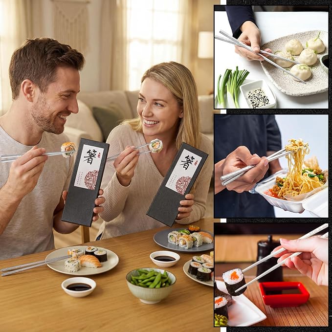 10 Pairs Metal Chopsticks Reusable 18/8 Stainless Steel Chopsticks with Sleek Engraving Patterns 9.25 in Japanese Korean Chop Stick Non-slip Dishwasher Safe for Premium Gift Set