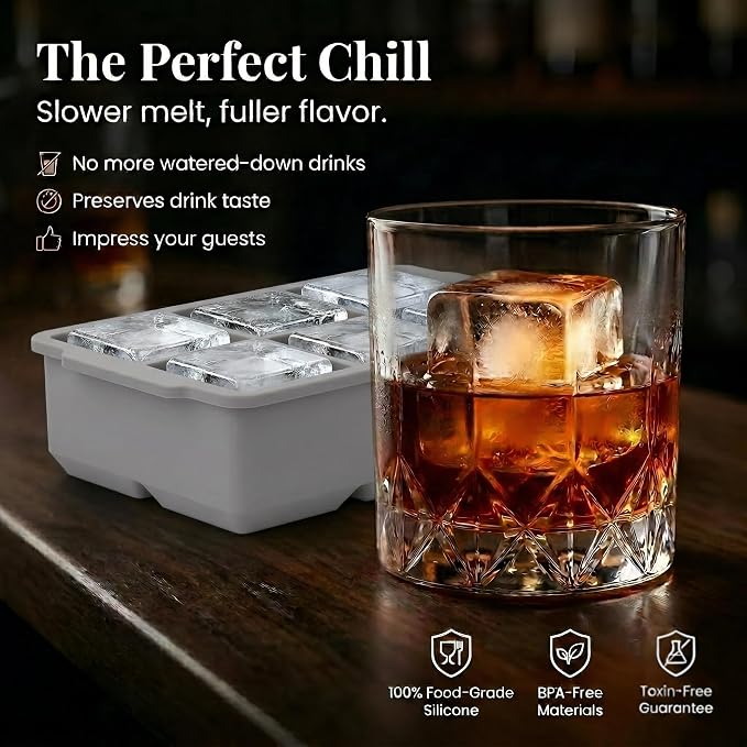 KitchFort® Large Silicone Ice Cube Tray (3-Pack), Easy Release 2" Big Ice Cubes - Cocktail, Whiskey Ice Cubes Mold - Ice Trays for Freezer with Lid - Stackable Silicone Ice Tray - Gray