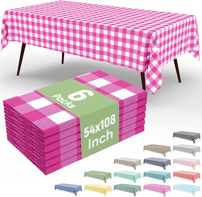 6 Packs Buffalo Disposable Table Cloth, 54 x 108 Inch Waterproof Plastic Tablecloth, Rectangle Hot Pink and White Checkered Table Covers for Picnic, Birthday, Party, Back to School