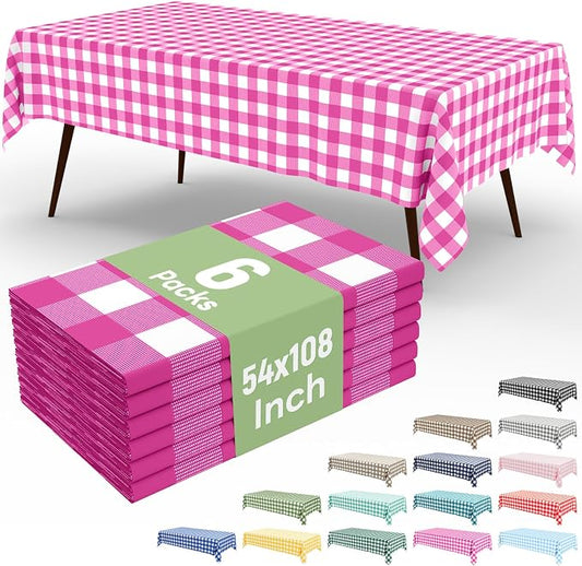 6 Packs Buffalo Disposable Table Cloth, 54 x 108 Inch Waterproof Plastic Tablecloth, Rectangle Hot Pink and White Checkered Table Covers for Picnic, Birthday, Party, Back to School